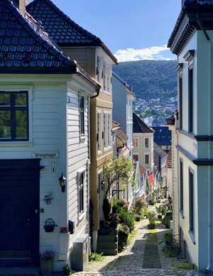 A narrow street between wooden houses in Bergen